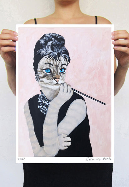 Audrey Hepburn smoking Cat Art Print by Coco de Paris
