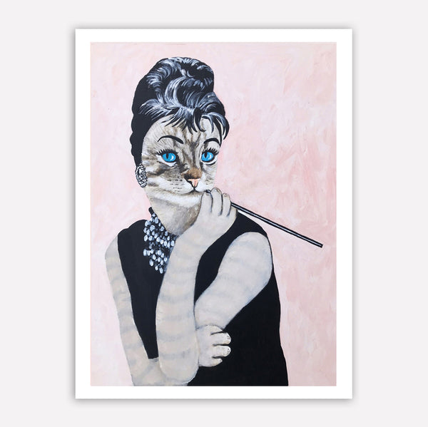 Audrey Hepburn smoking Cat Art Print by Coco de Paris
