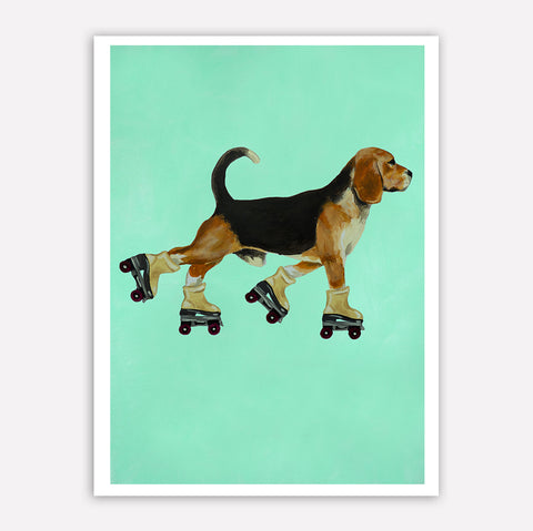 Beagle with rollerskates Art Print by Coco de Paris