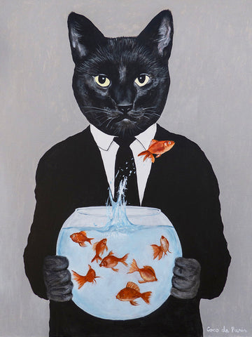 Black Cat with fishbowl original canvas painting by Coco de Paris