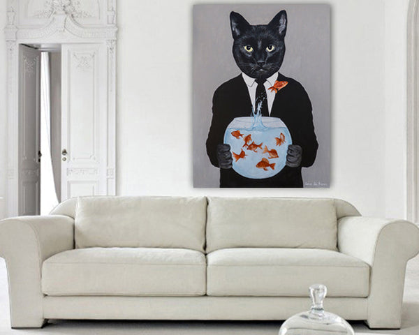 Black Cat with fishbowl original canvas painting by Coco de Paris
