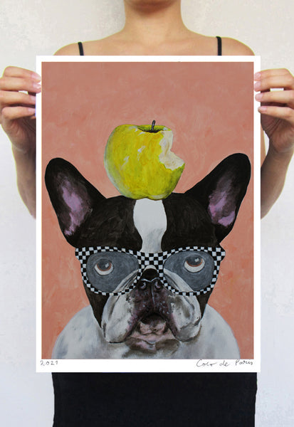 Bulldog with apple Art Print by Coco de Paris