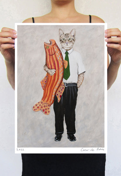 Cat with big fish Art Print by Coco de Paris