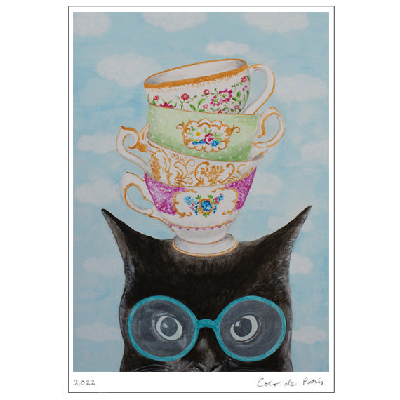 Cat with stack of cups Art Print by Coco de Paris