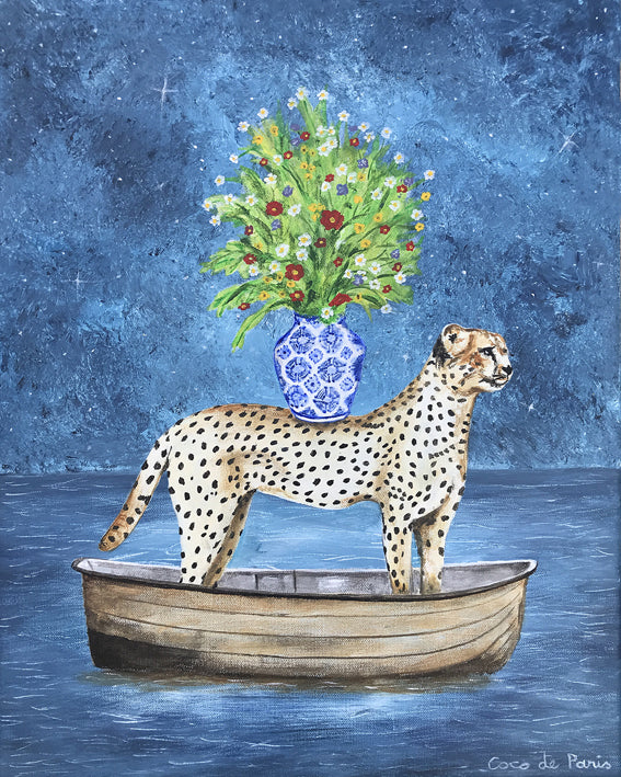 Cheetah with flowers original canvas painting by Coco de Paris