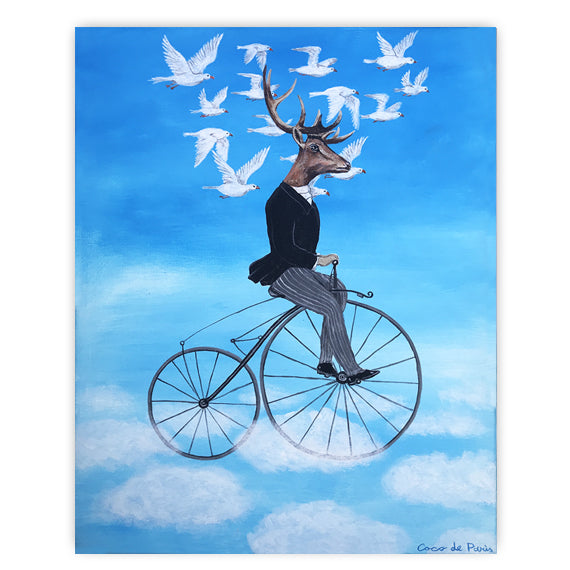 Deer cycling in the sky original canvas painting by Coco de Paris
