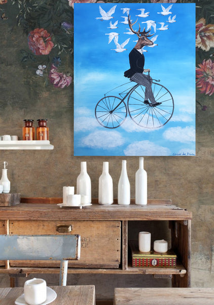 Deer cycling in the sky original canvas painting by Coco de Paris