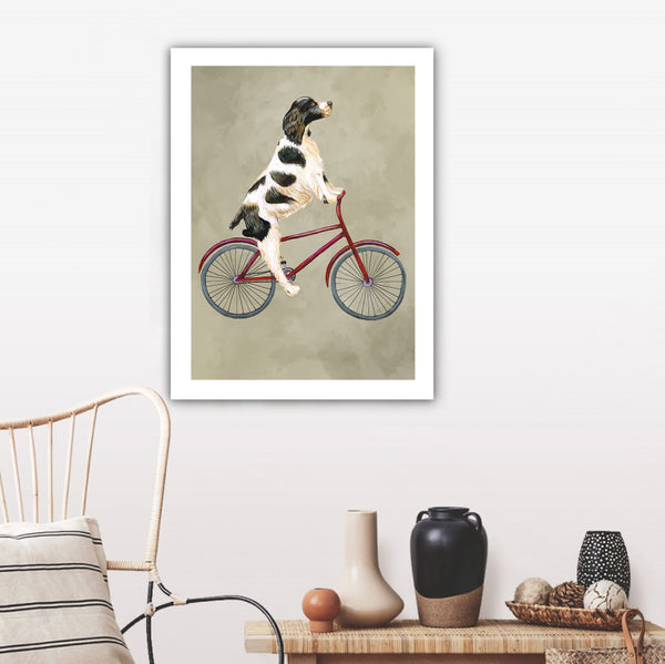 English Springer on bicycle Art Print by Coco de Paris