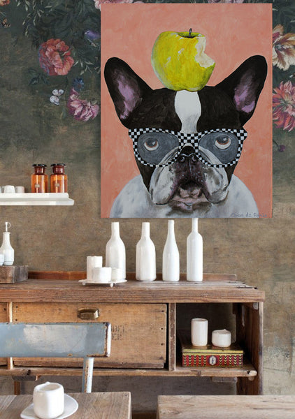 French Bulldog with apple original canvas painting by Coco de Paris