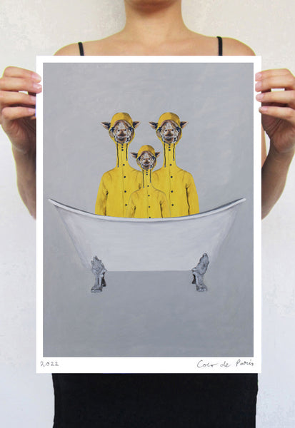 Giraffes with raincoats in bathtub Art Print by Coco de Paris