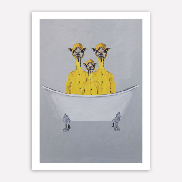 Giraffes with raincoats in bathtub Art Print by Coco de Paris