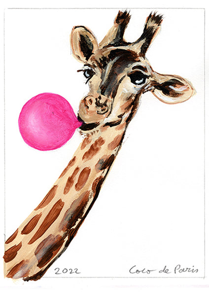 Giraffe with bubblegum original painting by Coco de Paris