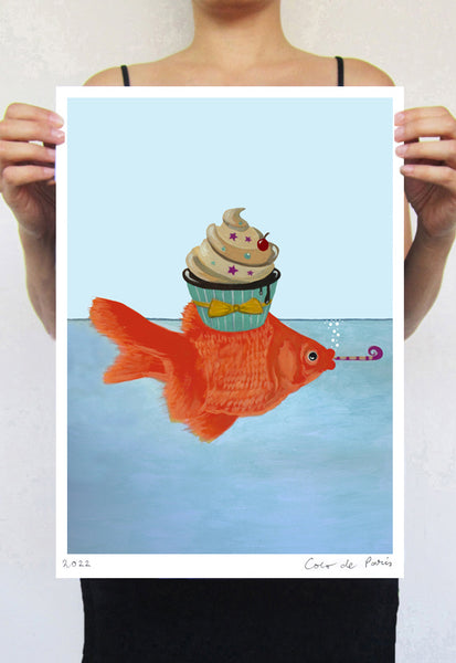 Goldfish with cupcake Art Print by Coco de Paris