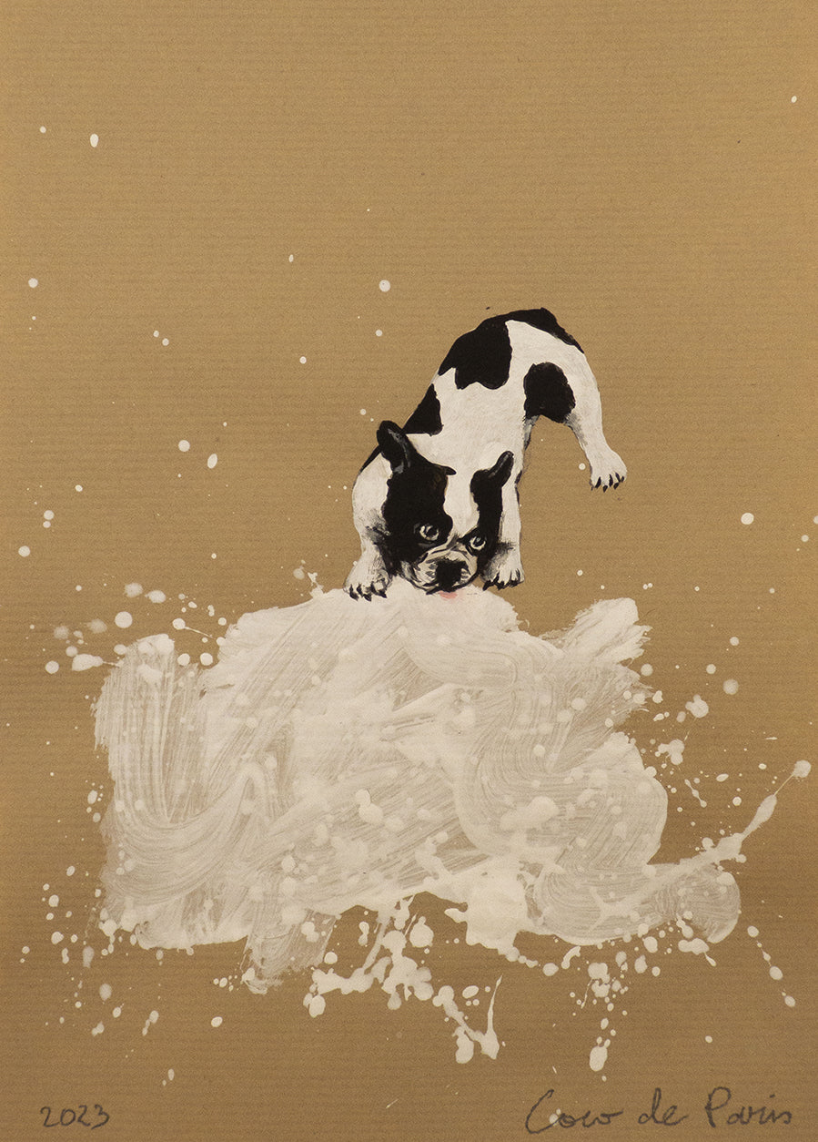 Kraftwork 01: French Bulldog and white painting drops, original painting by Coco de Paris