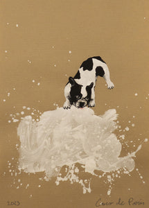 Kraftwork 01: French Bulldog and white painting drops, original painting by Coco de Paris