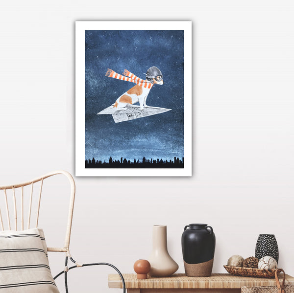 Jack Russell flying on paperplane Art Print by Coco de Paris