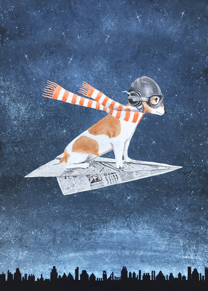 Jack Russell flying on paperplane Art Print by Coco de Paris