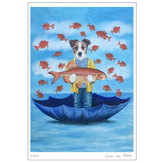 Jack Russell with fish Art Print by Coco de Paris