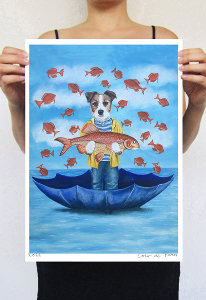 Jack Russell with fish Art Print by Coco de Paris