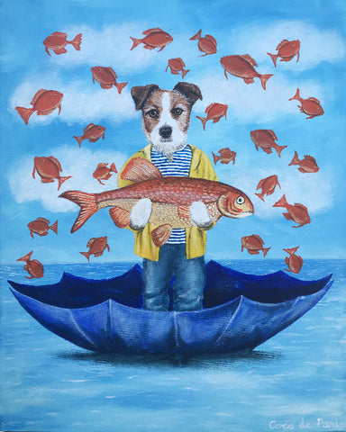 Jack Russell with fish original canvas painting by Coco de Paris