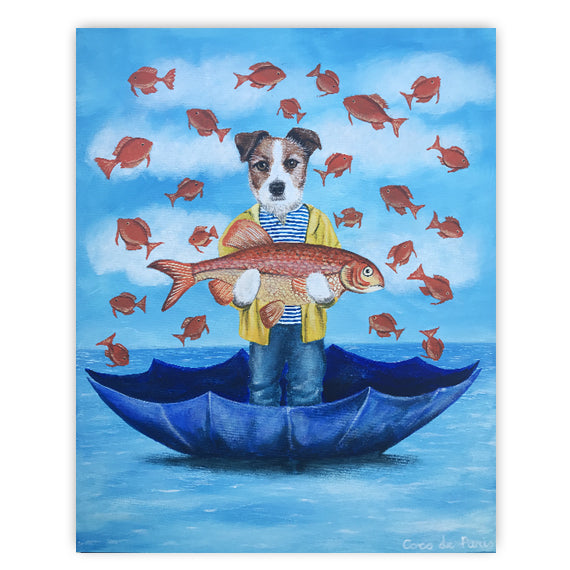 Jack Russell with fish original canvas painting by Coco de Paris