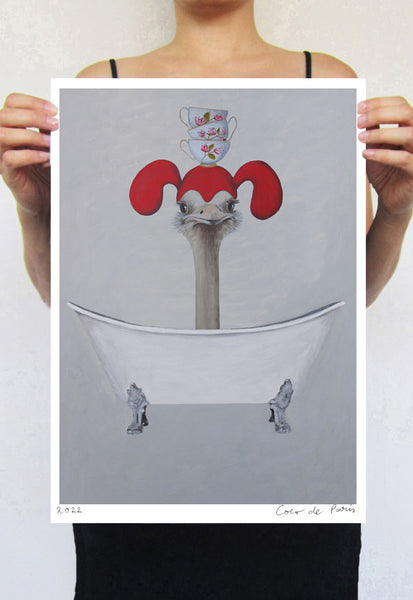 Ostrich in bathtub Art Print by Coco de Paris