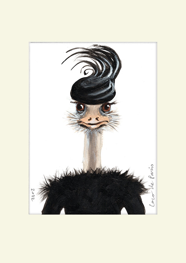 Vintage ostrich with feather hat original painting by Coco de Paris