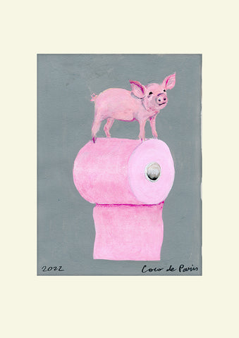 Pig on toiletpaper original painting by Coco de Paris