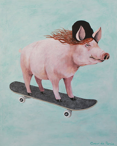 Pig skateboarding original canvas painting by Coco de Paris