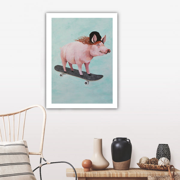Pig skateboarding Art Print by Coco de Paris