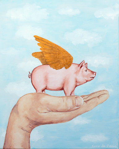 Pig with golden wings original canvas painting by Coco de Paris
