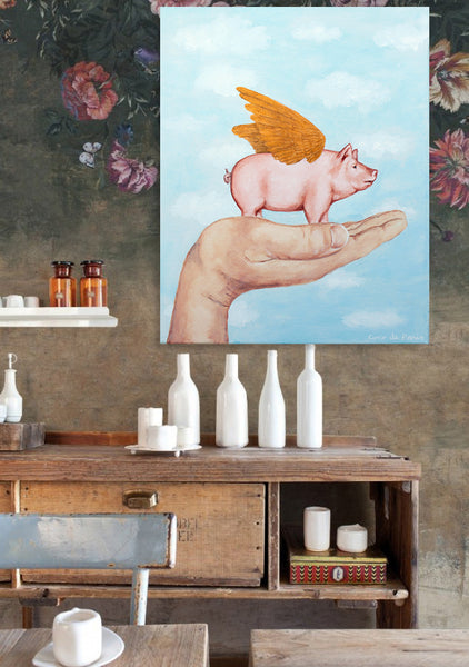 Pig with golden wings original canvas painting by Coco de Paris