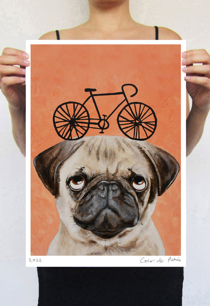 Pug with bicycle Art Print by Coco de Paris