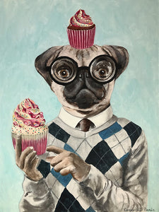Pug with cupcake original canvas painting by Coco de Paris