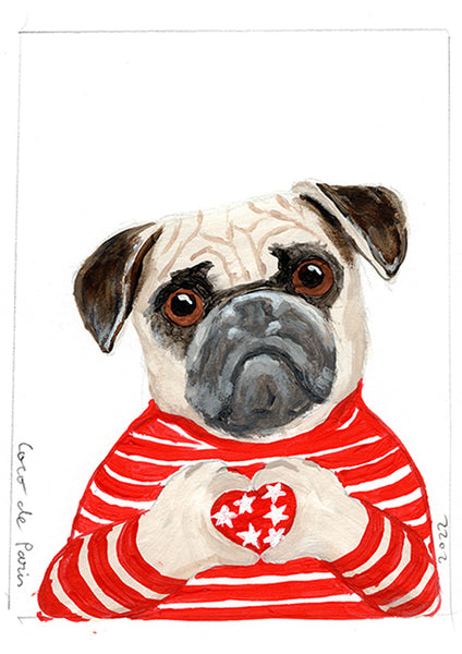 Pug with fingerheart original painting by Coco de Paris