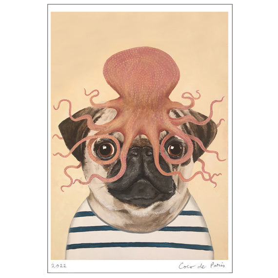 Pug with octopus Art Print by Coco de Paris