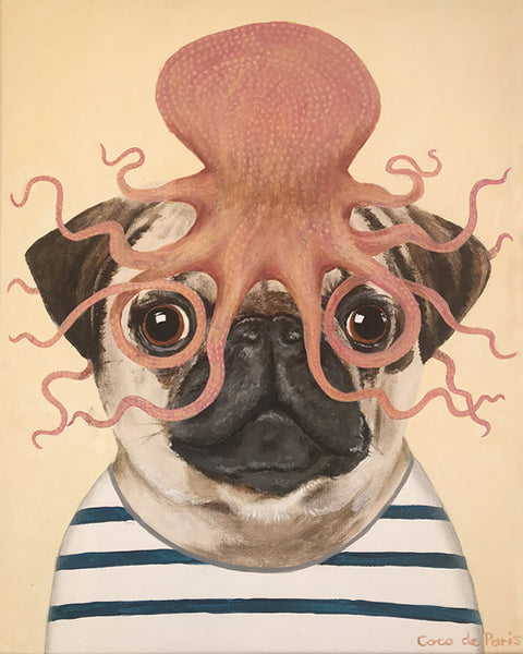 Pug with octopus original canvas painting by Coco de Paris