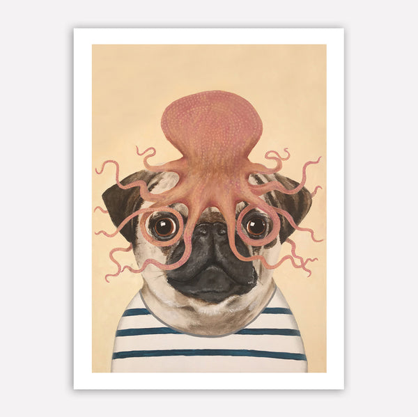 Pug with octopus Art Print by Coco de Paris