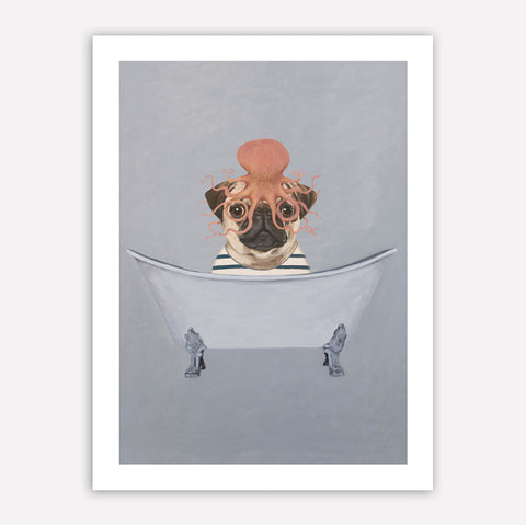 Pug with octopus in bathtub Art Print by Coco de Paris