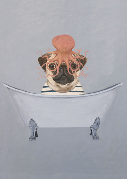Pug with octopus in bathtub Art Print by Coco de Paris