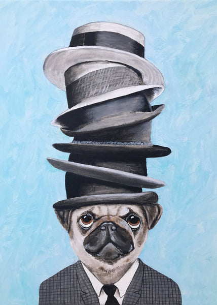 Pug with stacked hats Art Print by Coco de Paris