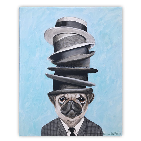 Pug with stacked hats original canvas painting by Coco de Paris