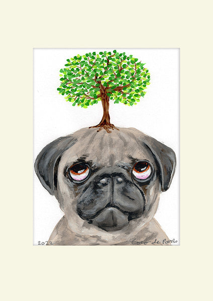 Pug with tree original painting by Coco de Paris