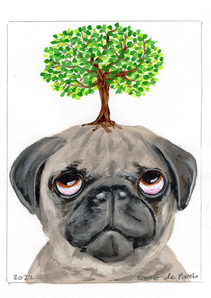 Pug with tree original painting by Coco de Paris