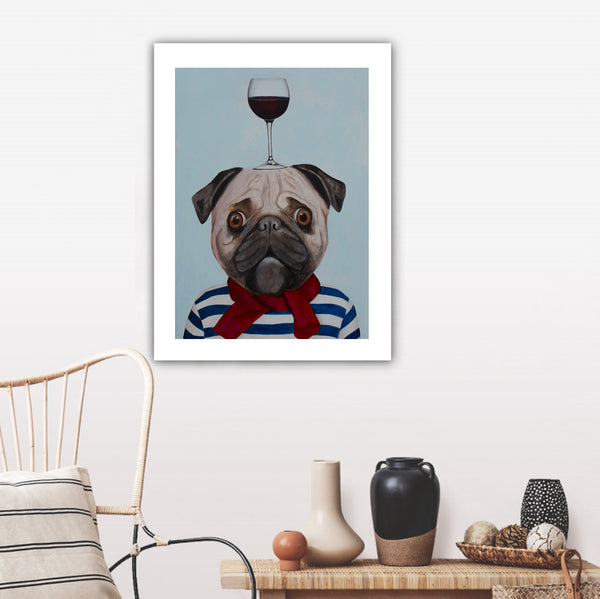 Pug with wineglass Art Print by Coco de Paris