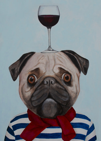 Pug with wineglass Art Print by Coco de Paris