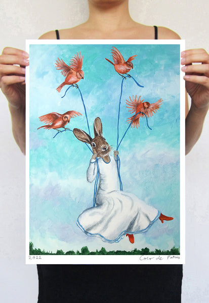 Rabbit on a swing Art Print by Coco de Paris