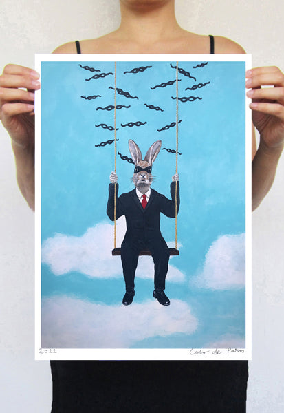 Rabbit with mask on a swing Art Print by Coco de Paris