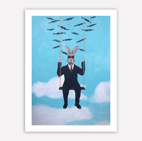 Rabbit with mask on a swing Art Print by Coco de Paris