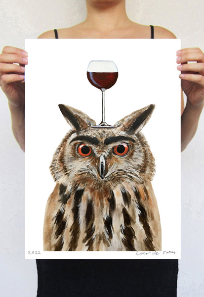 Owl with wineglass Art Print by Coco de Paris